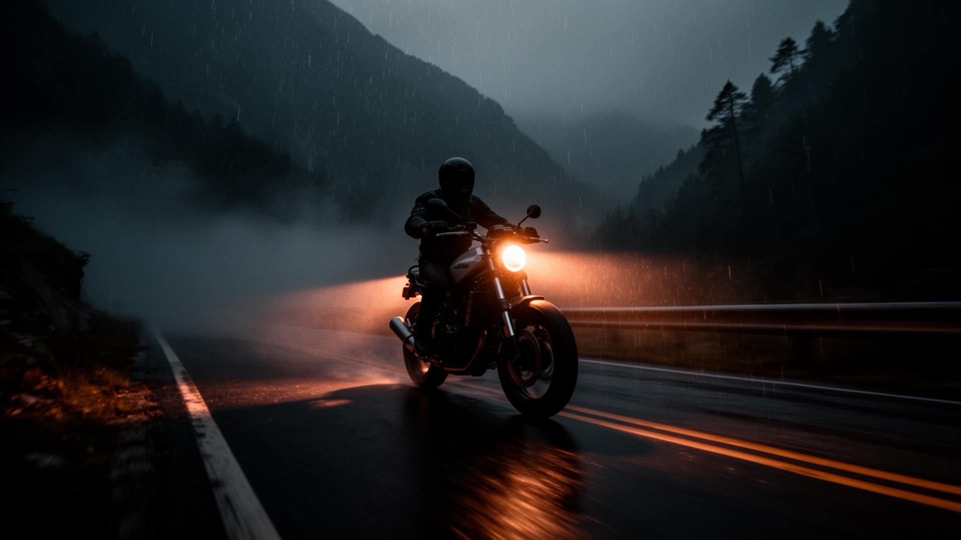 Lone motorcyclist riding a foggy mountain road at night