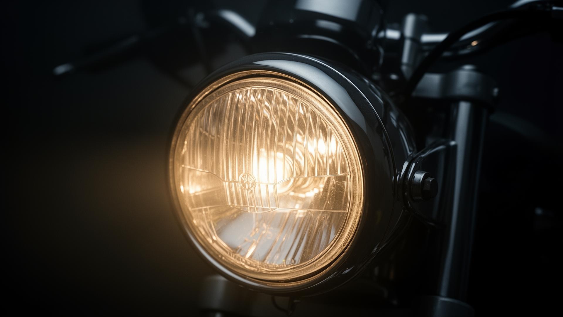 Macro shot of a glowing motorcycle headlight